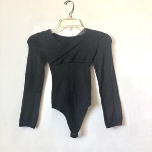 Ritchi Longsleeve Bodysuit Wrap-Look Top Sheer Mesh Trim Colombian S/M